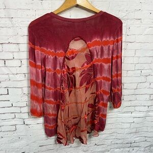 Mezon Shirt Woman Size Medium Boho 3/4 Sleeve Sheer Back Panel Orange